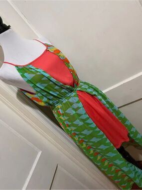 ezra Green & Coral Geometric Sleeveless Maxi Dress Large